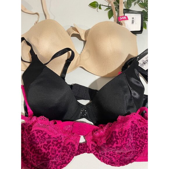 Set Of 3 Womens 34B Padded Bras Beige Black Pink Leopard Lace Adjustable Straps - Picture 6 of 8